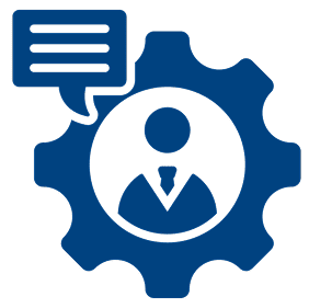 A blue cog with a person inside of it