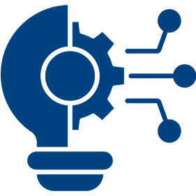 A blue image of a light bulb with gears and wires.