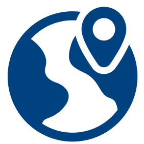 A blue globe with a map and location pin.